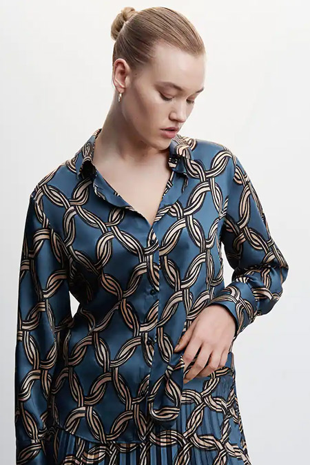 Mango Mavi Geometrik Desenli Bluz