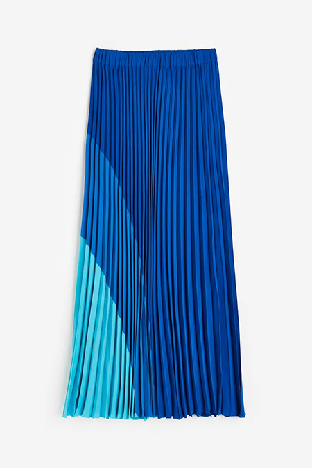 H&M Parlak Mavi Blok Renkli Pilili Etek