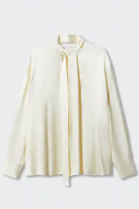 Mango Kırık Beyaz Fiyonklu V Yaka Dökümlü Saten Bluz