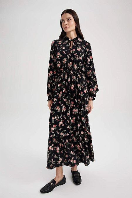 DeFacto Siyah Traditional Fular Yaka Floral Belmando Maxi Elbise