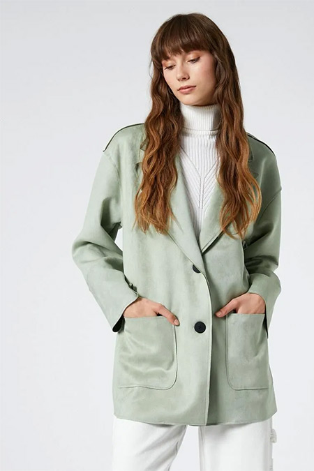 Koton Yeşil Süet Görünümlü Düğmeli Cep Detaylı Blazer Ceket