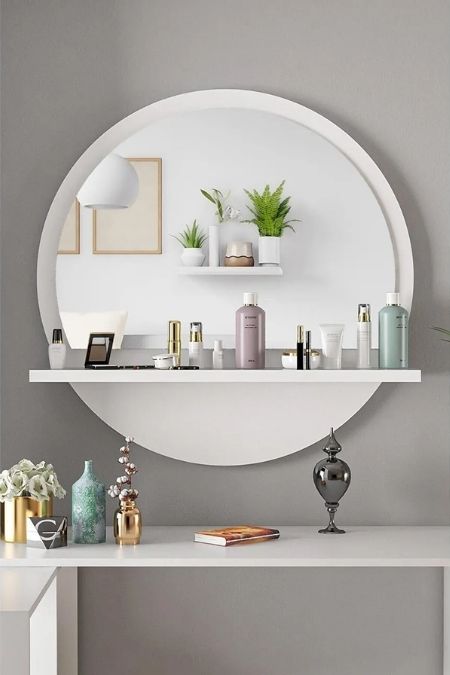 Vivense Beyaz Yuvarlak Dekoratif Raflı Banyo Aynası